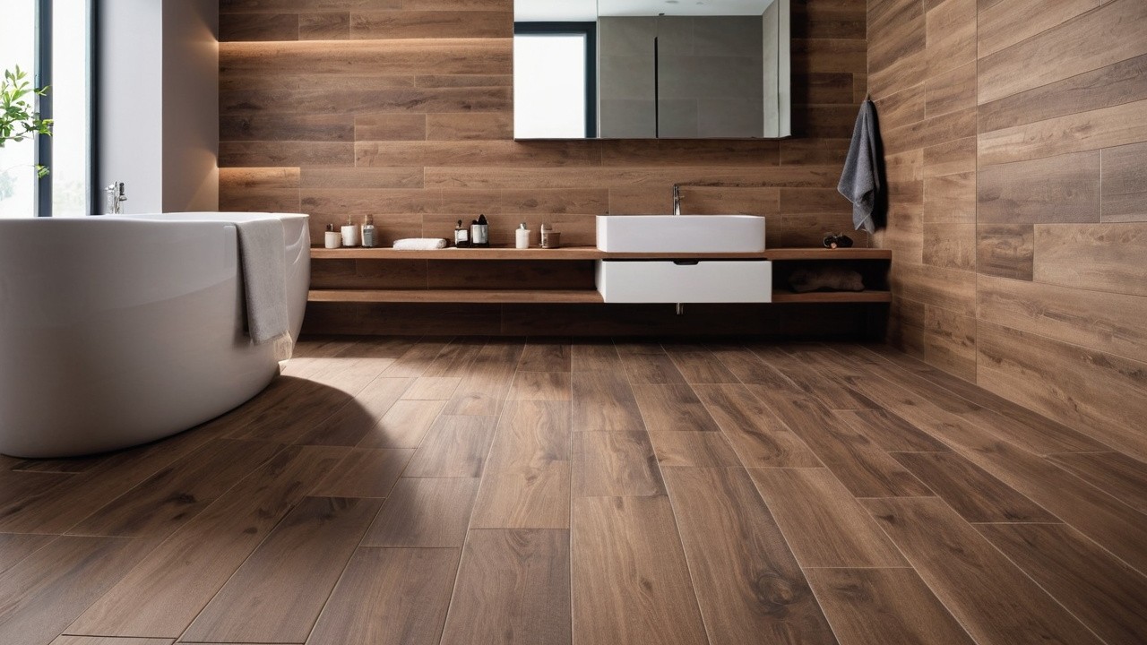Преимущества использования керамогранита под дерево в ванной