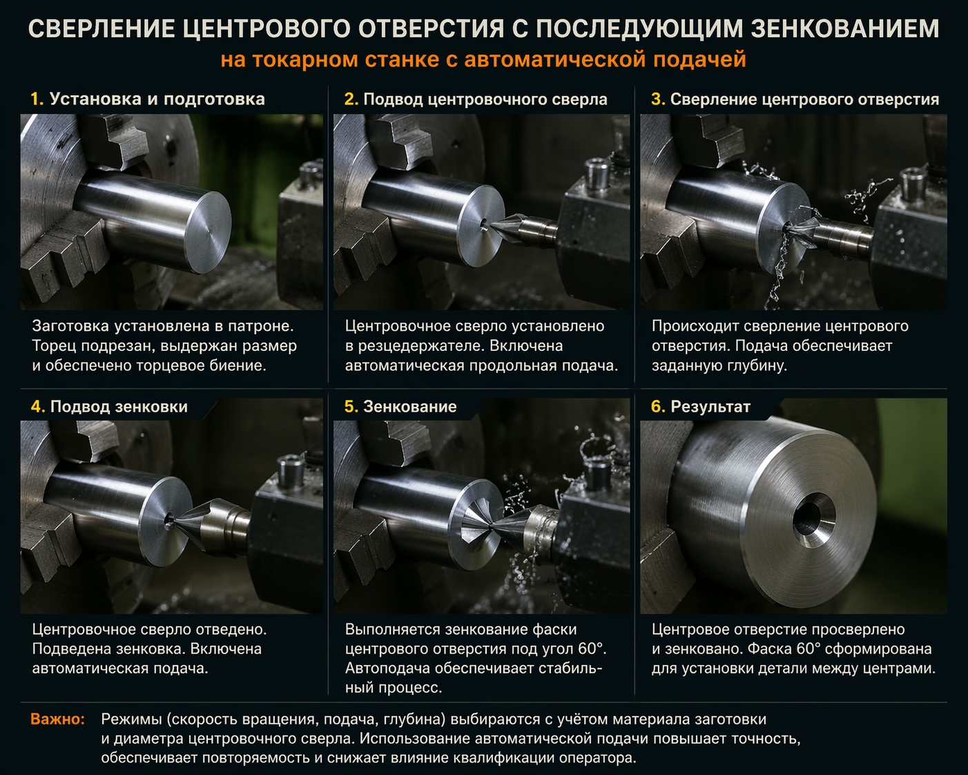 Сверление центрового отверстия с последующим зенкованием: процесс на токарном станке с автоматической подачей.