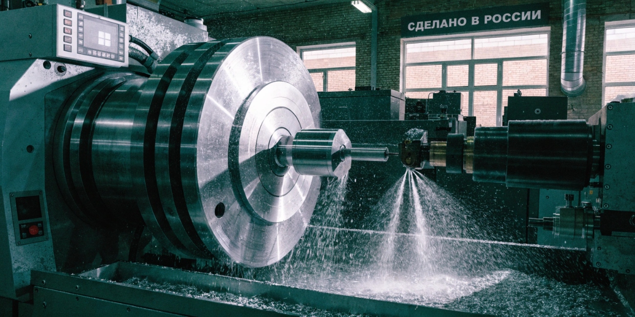 Токарный станок в действии: точная обточка вала на современном российском предприятии