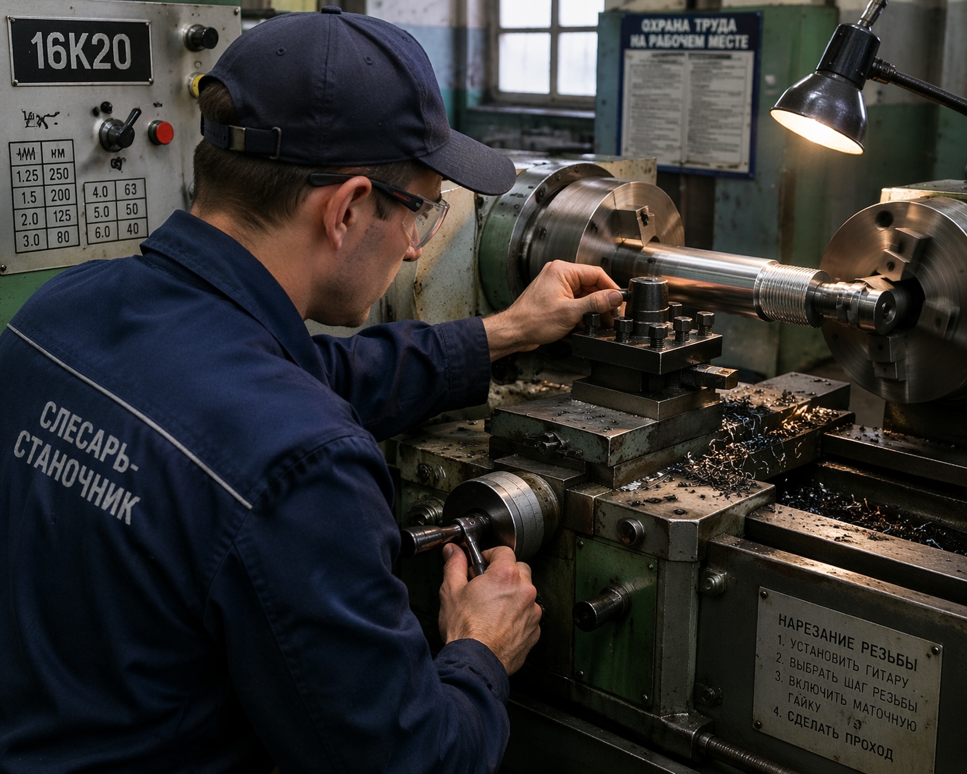 Нарезка резьбы: оператор настраивает суппорт для точного профиля на современном токарном станке