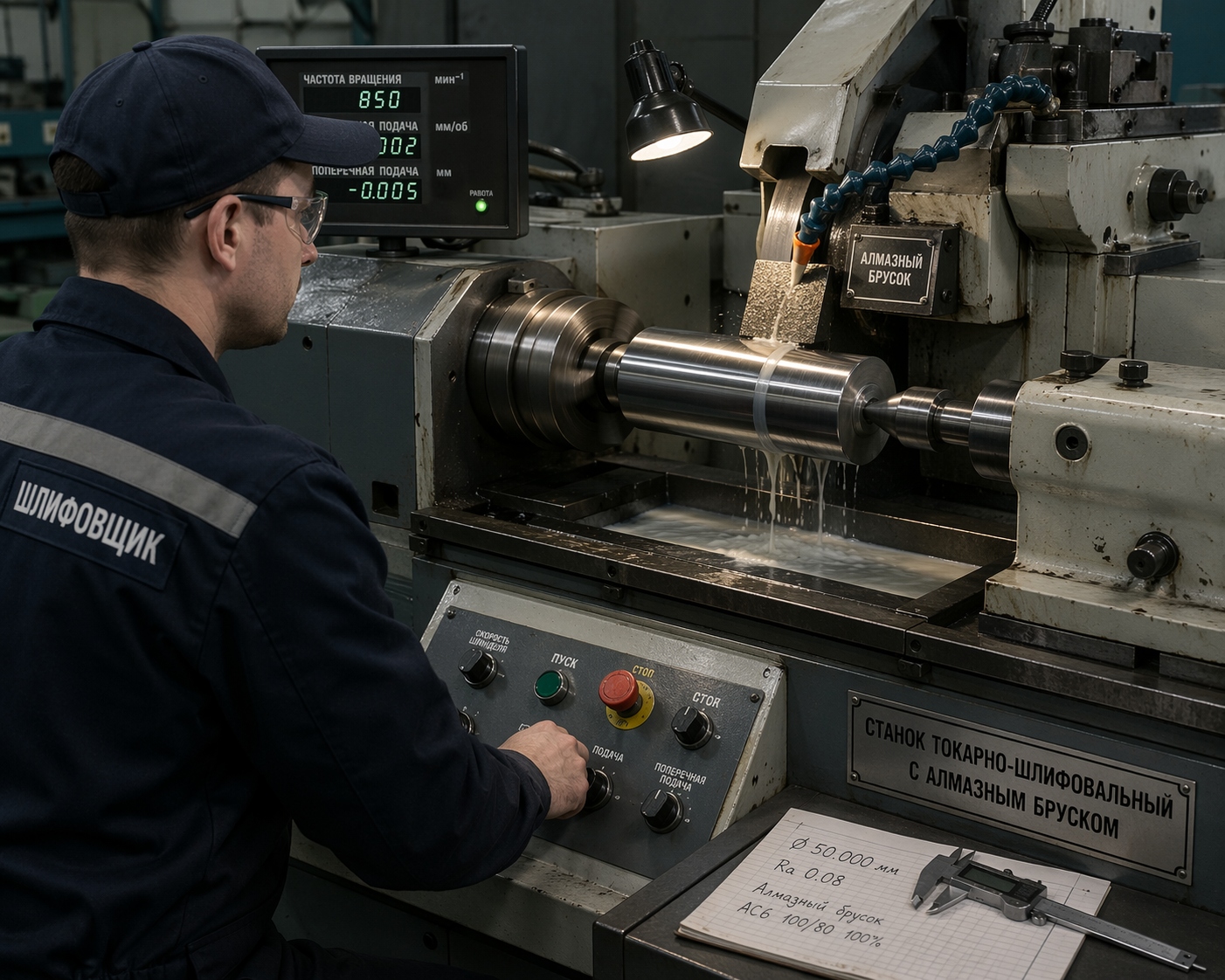 Шлифование наружной поверхности: оператор контролирует процесс на специализированном токарном станке с алмазным бруском