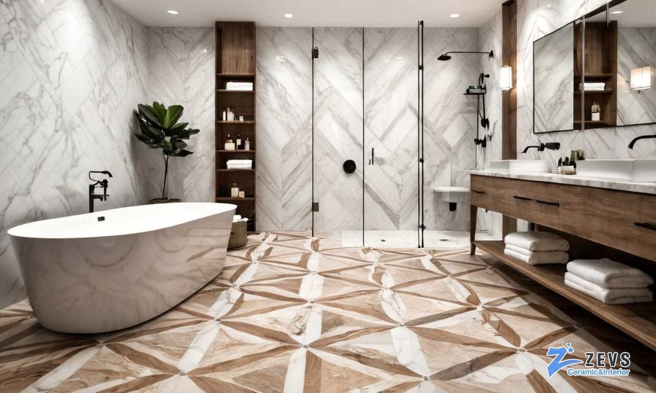 Золотые прожилки в мраморной плитке как роскошный акцент для создания изысканного дизайна душевой