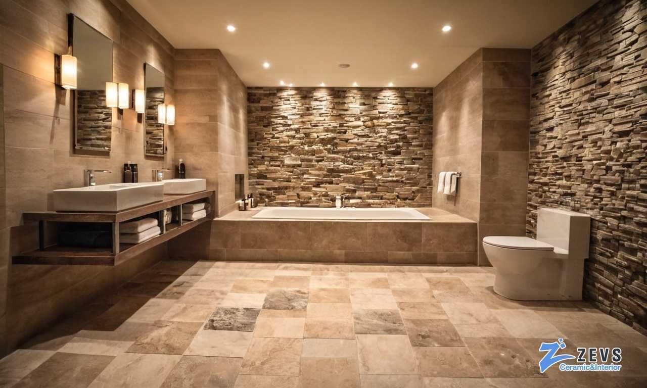 Идеи и советы по сочетанию плитки под камень с мебелью в интерьере туалета