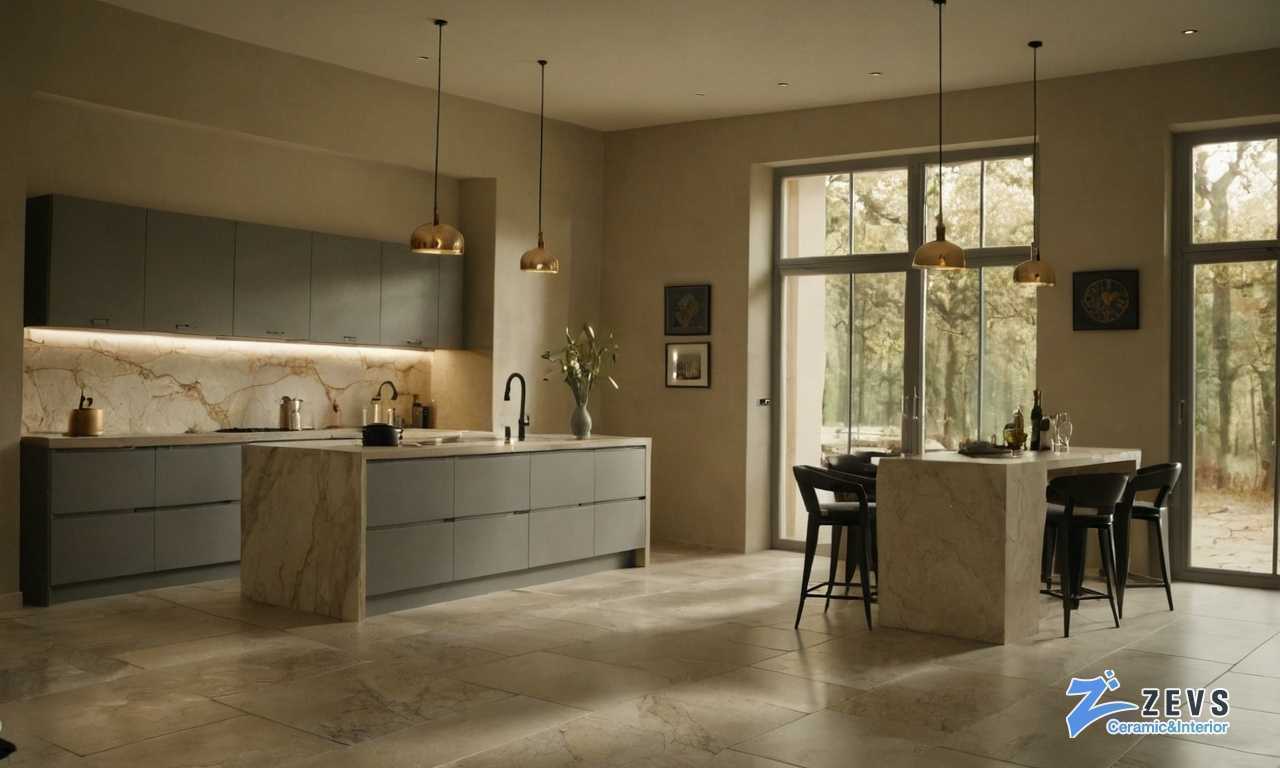 Керамогранит под бетон с эффектом трещин для кухни в индустриальном стиле с элементами шика и современности