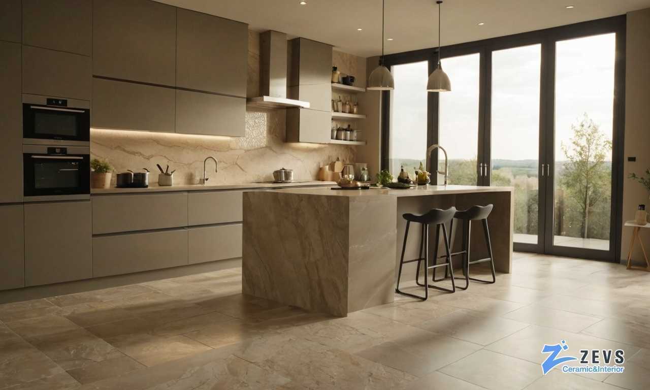 Керамогранит с эффектом камня и теплый пол для создания кухни в природном стиле с уютом и гармонией
